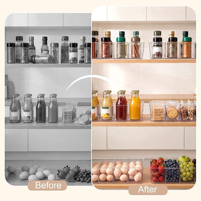 4 Pcs Pantry Organizers Bins, Clear Plastic Stackable Snack Storage Containers with 3 Dividers for Kitchen Cabinet Fridge Shelf Organization, 4 Compartment Holder
