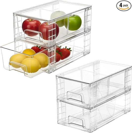 4 Pack Stackable Storage Drawers,Plastic Organizers Bins, Drawers Storage with Handles and Movable Dividers for Organization and Storage in Fridge,Bathroom, Pantry, Kitchen Cabinets, Under Sink