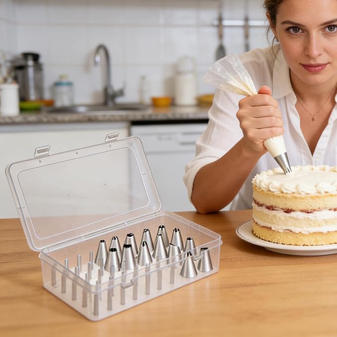 4 Pcs Piping Tips Storage Box with Fixed Pins 42 Pegs Piping Tip Organizer Baking Cake Decoration Tool Set Clear Plastic Cake Decorating Storage Box Container Baking Supplies Organizer
