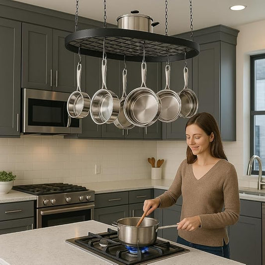 Black Hanging Pot and Pan Rack Organizer Space-Saving Ceiling Mount Cookware Storage Rack 2 Heavy Duty Swag Hangers and 15 S-Hooks; Bonus - 2 Heat Resistant Oven Mitts.Colgador Para ollas Y Sartenes.