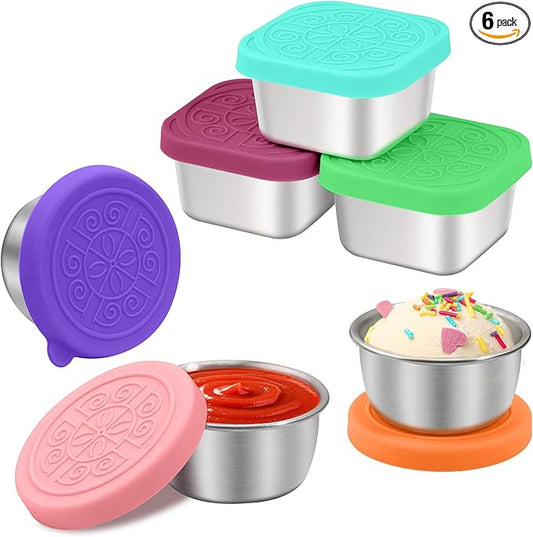 6PCS Salad Dressing Container to Go, Leakproof Reusable Stainless Steel small container with lid,Sauce Containers for Lunch box,Picnics,Travel,Office and Meal Prep-1.6+2.7 Sets