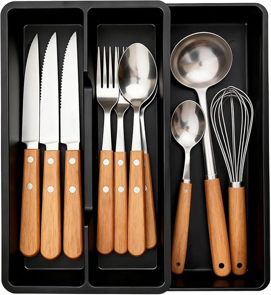 Kitchen Utensil Drawer Organizer, Expandable Cooking Silverware Tray, Adjustable Cutlery Flatware Holder for Spoon Fork Knife, 3 Compartments Black Plastic Spatula Tools Gadgets Storage Divider