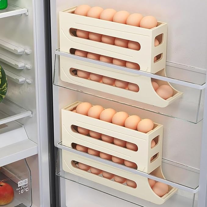 30 Eggs Egg Holder for Fridge - Auto Rolling Fridge Egg Organizer, Space-Saving Egg Dispenser Holder, 4 Tiers Fridge Egg Rack Large Capacity Egg Dispenser for Refrigerator (Grey)