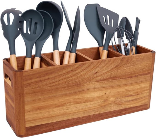 Wooden Kitchen Utensils Holder Organizer - Extra Large Wooden Utensil Holder for Counter or Countertop - Acacia Wood Container with 4 Compartments for Cooking and Silverware