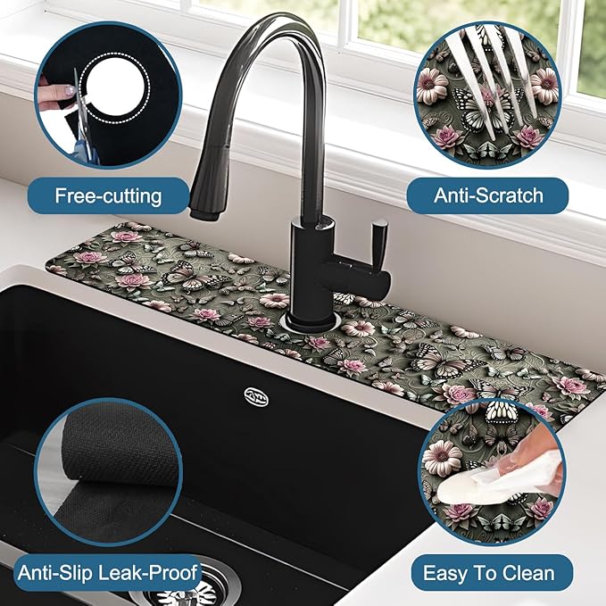Cute Butterfly Sink Faucet Absorbing Mat Pink Flower Super Absorbent Fast Drying Mat Sink Gadgets Behind Faucet Sinkmat for Kitchen Bathroom, 23.5"x5.5"