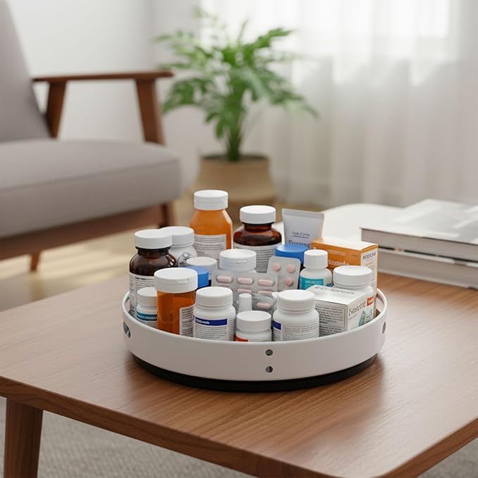 Lazy Susan Turntable Organizer, Plastic Round 360° Vitamin & Medicine Storage Tray, Rotating Pill Bottle Organizer for Bathroom Cabinet, Pantry, Kitchen Countertop, Vanity, Clear