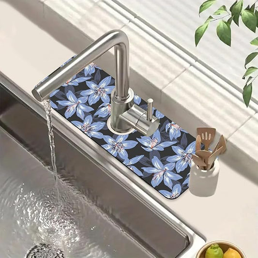 Blooming Lily Sink Faucet Absorbing Mat Blue Lily Flowers Super Absorbent Fast Drying Mat Sink Gadgets Behind Faucet Sinkmat for Kitchen Bathroom, 15.5"x5.5"