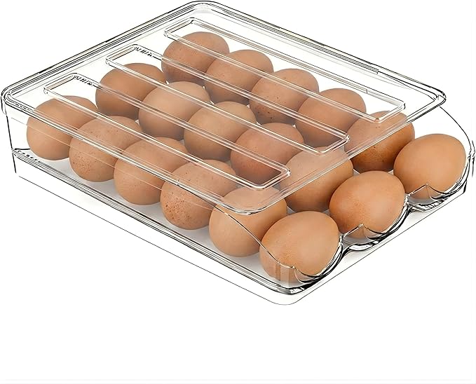 Egg Holder for Fridge, Automatic Rolling Egg Organizer for Refrigerator, Clear Plastic Storage for Refrigerator with Lid, Large Capacity Dispenser, Stackable Container (1 Layer 18 Holder Eggs)