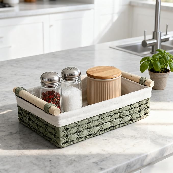 Set of 2 Green Paper Rope Storage Baskets with Wood Handles and Liner – Woven Organizer Bins for Kitchen, Pantry, Bathroom Shelf & Rustic Decorative Home Storage