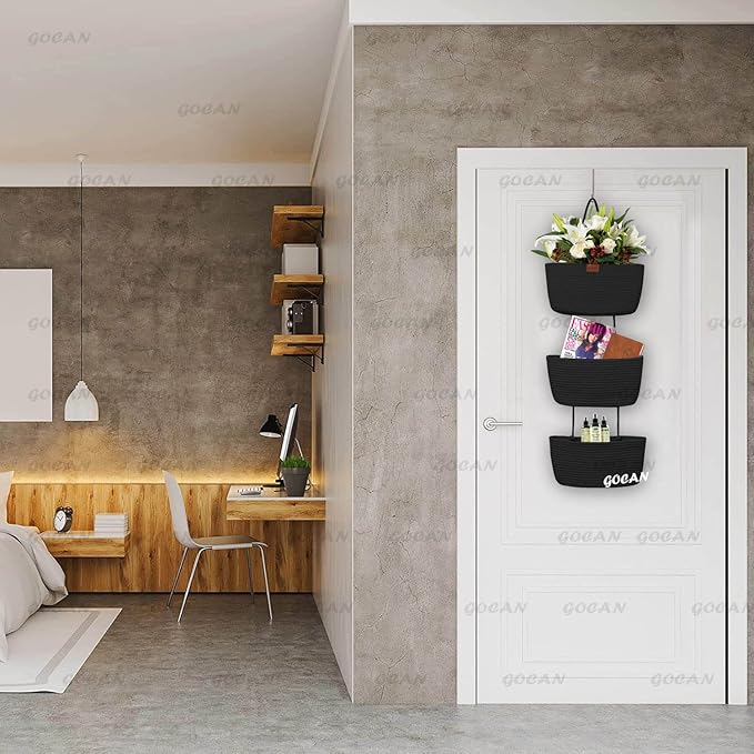 Hanging Storage Baskets Over The Door Hanging Basket, 3-Tier Cotton Rope Woven Hanging Organizer, Detachable Decorative Hanging Baskets for Wall Living Room, Bathroom and Bedroom