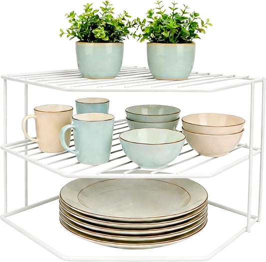 SIBAO 3 Tier Kitchen Corner Shelf Rack And Cabinet Organizer For Plates And Cups, Metal Wire Kitchen Shelf, Steel Metal Frame, Rust Resistan,9x9x7.5inch, White