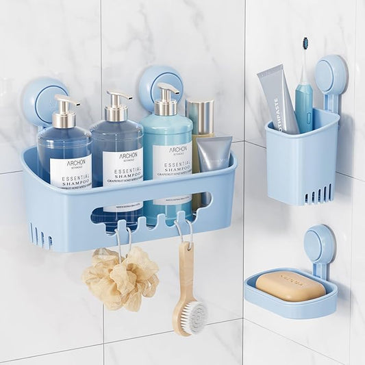 LEVERLOC Shower Caddy Suction Cup Set Shower Organizer & Soap Holder & Toothbrush Holder, Bathroom Shelf Basket NO-Drilling, Removable Suction Storage Waterproof Bathroom Caddy, Blue
