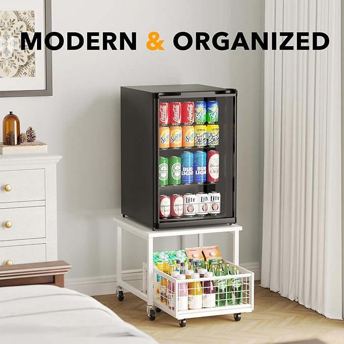 SpaceAid Mini Fridge Stand with Storage, 19.7" W x 19.7" D Heavy Duty Mobile Refrigerator Shelf Stand Table with Wheels, Fridge Cart Organizer with Drawer Basket for Home Dorm Office (White)