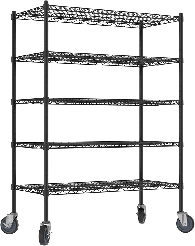 Commercial NSF Listed Black Epoxy Mobile Wire Shelving Kit 21" x 42" x 60", with 5 Shelves Perfect for Warehouse, Walk-in Refrigerator, Freezer, Grocery Store, Restaurant, Dishroom
