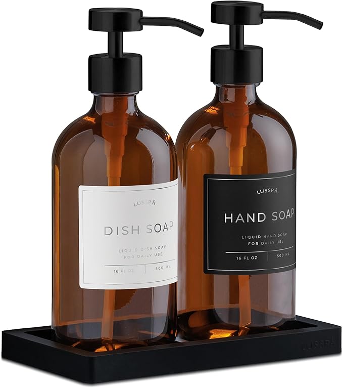 Lotion, Hand & Dish Soap Dispenser for Kitchen & Bathroom | Soap Dispenser Set of 2 16.8 Oz Glass Bottles with Stainless Steel Pump, 15 Water Proof Labels & Silicon Tray (Amber/Black)