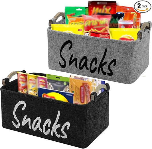 2 PCS Snack Bin Organizer for Pantry, Snack Basket Organizer for Countertop with Wooden Handles Thickened Felt Snack Storage Containers for Storing Chips Pretzels Cookies Popcorn and More