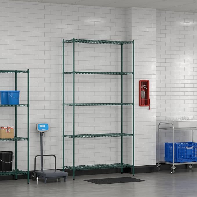 Commercial NSF Listed Green Epoxy Stationary Wire Shelving Kit 18" x 48" x 96", with 5 Shelves Perfect for Warehouse, Walk-in Refrigerator, Freezer, Grocery Store, Restaurant, Dishroom