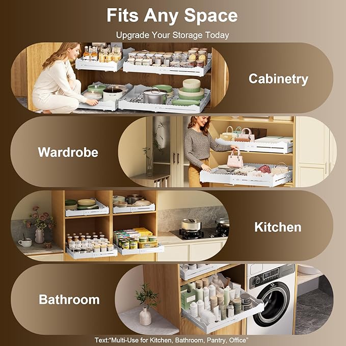 Pull Out Cabinet Organizer 2PCS, 4-Way Width (11"-18") and Depth (13"-24") Expandable Pull Out Drawers for Cabinets – One Size Fits Most! No Drill, Heavy-Duty Metal Organizer for Pantry, Kitchen White