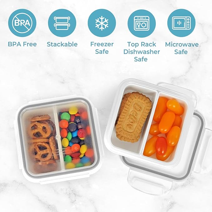 carrotez 2 Compartment Small Snack Containers, Mini Snack Containers for Mini Fridge, Small Divided Food Storage Containers, Airtight Lids, Reusable, 1.1 cup, 2 PACK