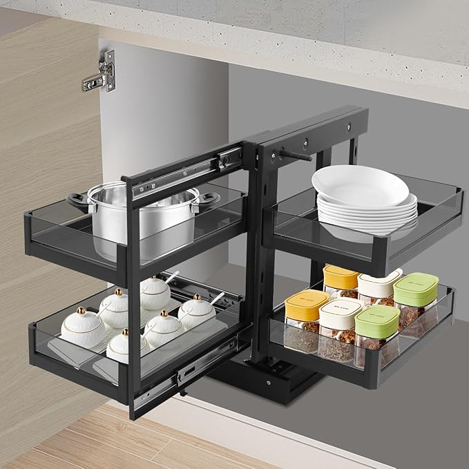 2-tier Pull-out Organizer with 4 Baskets, Kitchen Cabinet Blind Corner Pull-out Organizer, Corner Pull Out Cabinet with Sliding Design, Left Open & Right Open Compatible