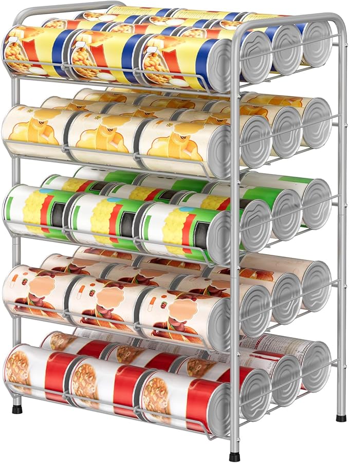 smusei 5-Tier Can Storage Organizer Pantry Shelf Holds up to 60 Cans of Can Holders for Pantry with 2 Metal Diversion Strips for Kitchen Canned Food and Drink Goods, Silver
