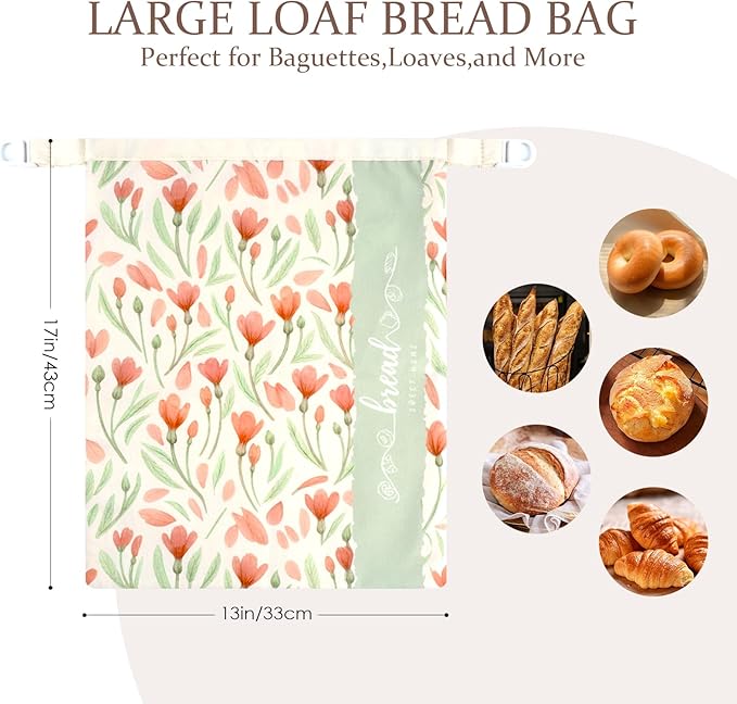 Bread Bags for Homemade Bread, 2 Pack Reusable Beeswax Linen Cotton Sourdough Bag, Freezer Safe, Large Loaf Storage Bags to Keep Fresh, Bakery Essentials
