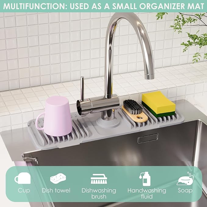 17.7 Inch Silicone Faucet Mat for Kitchen Sink Splash Guard - 7° Slope Water Draining Mat with Fasten Button for Bathroom Area (Gray, 17.7''x5.5'')
