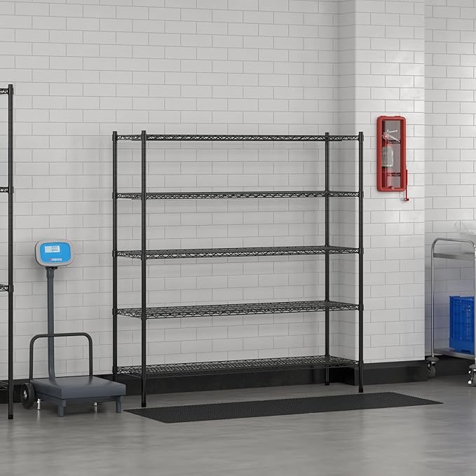 Commercial NSF Listed Black Epoxy Stationary Wire Shelving Kit 18" x 60" x 64", with 5 Shelves Perfect for Warehouse, Walk-in Refrigerator, Freezer, Grocery Store, Restaurant, Dishroom