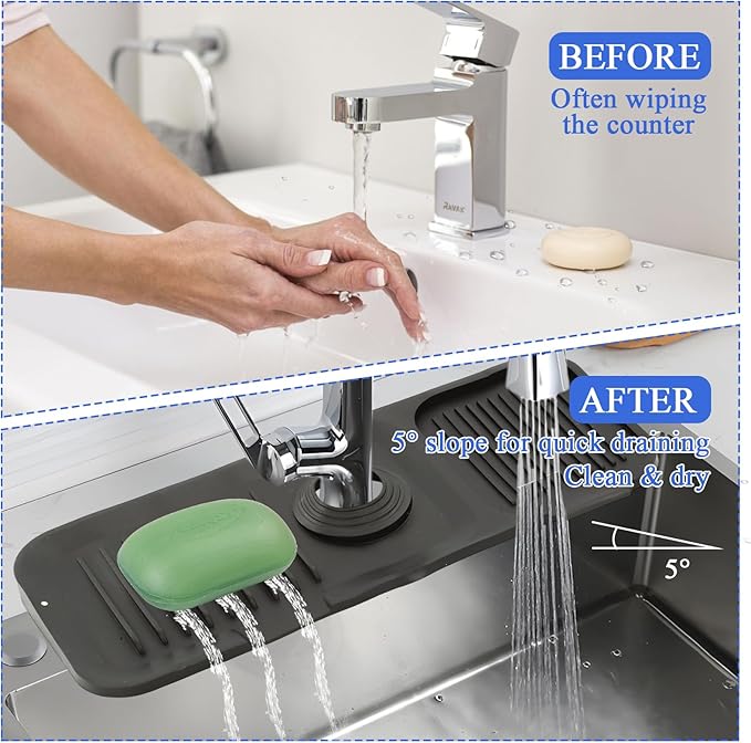 14.6 in Silicone Faucet Splash, Kitchen Sink Splash Guard, Faucet Splash Guard, Silicone Faucets Mat for Kitchen Bathroom (Black 14.6 * 5.5 * 0.7in)