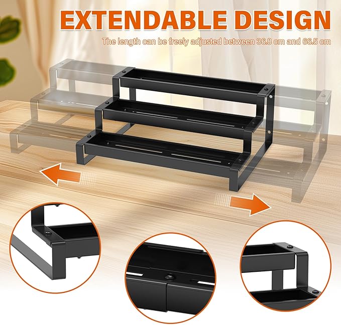 3-Tier Spice Rack Organizer for Cabinet,14.5"-26" Expandable Spice Organize Shelf,Carbon Steel Display Shelf for Jars and Bottles, Seasoning Organizer for Kitchen Pantry Countertop