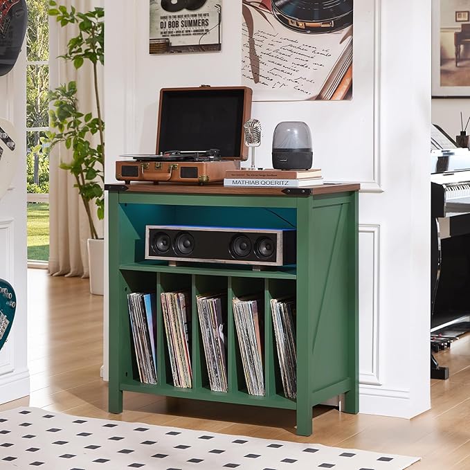 Large Record Player Table with Charger Station & LED Lights, Vinyl Record Storage Player Table up to 230 Albums, Turntable Stand with Display Shelf for Music Room Bedroom Living Room (Green)