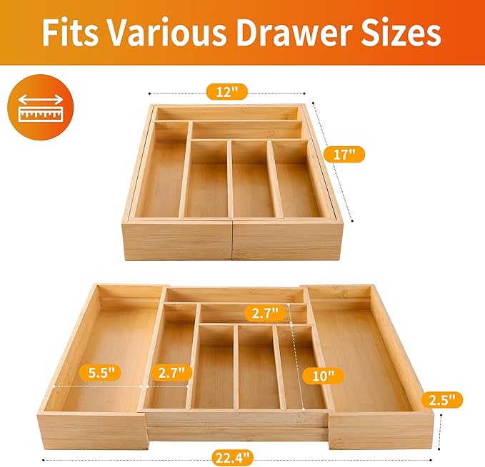 Bamboo Expandable Drawer Organizer for Utensils Holder, Wood Drawer Dividers for Silverware, Flatware, Knives in Kitchen, Bedroom, Living Room