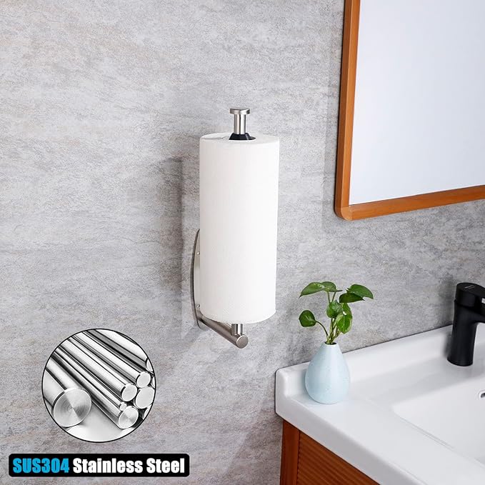 Single Hand Operable Paper Towel Holder Under Cabinet with Damping Effect, Self Adhesive Paper Towel Roll Holder Wall Mounted for Kitchen Bathroom, SUS304 Stainless Steel Brushed Nickel