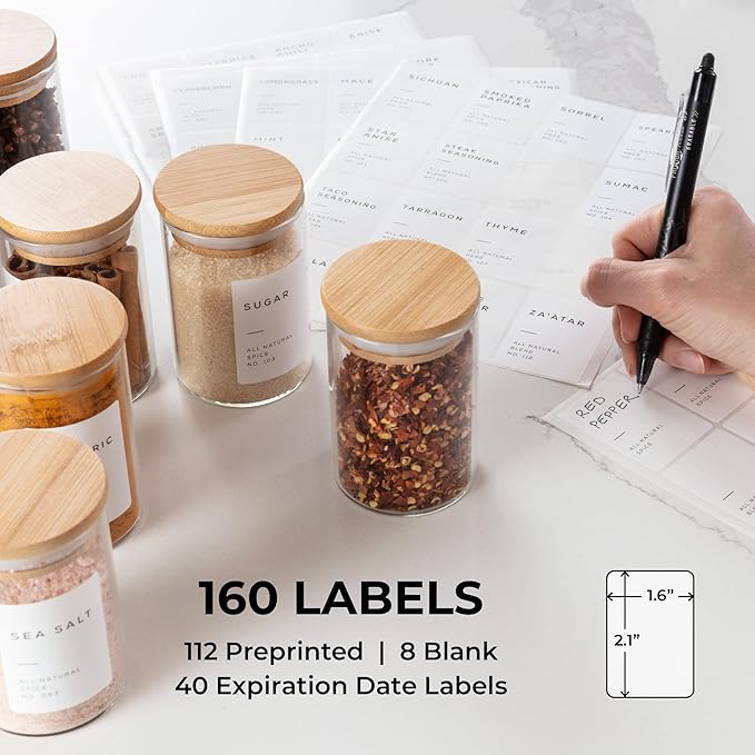 160 Waterproof Spice Jar Labels Preprinted 2.1x1.6in Spice Label for Empty Spice Jars. 112 Spice Stickers, 8 Blank Pantry Labels and 40 Expiry Labels for Seasoning Containers