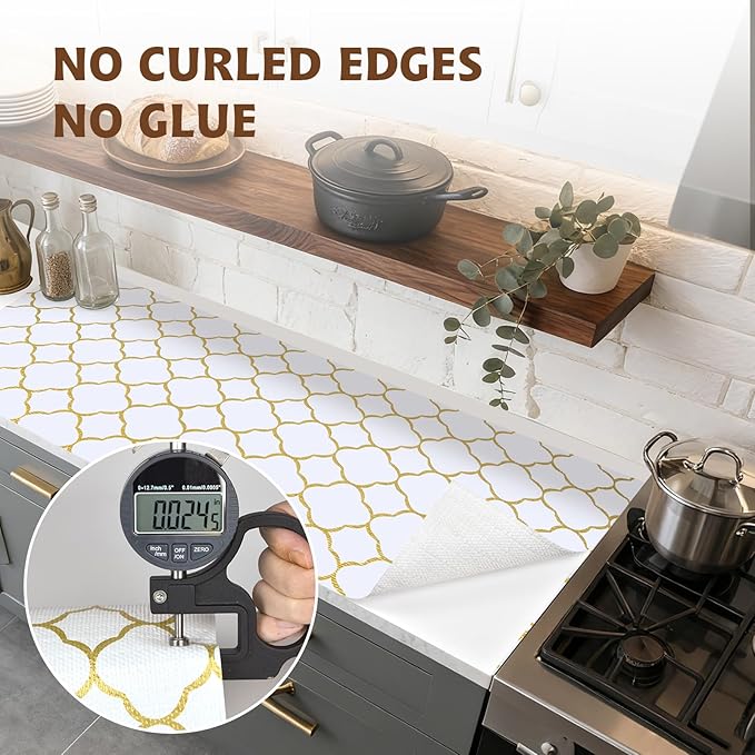 Shelf Liners for Kitchen Cabinets 17in x 20FT Non Adhesive Drawer Liner Gold Quatrefoil Thickened Shelf Liner Paper Strong Non-Slip Easy to Clean for Tool Box Refrigerator with Knife and Tape Measure