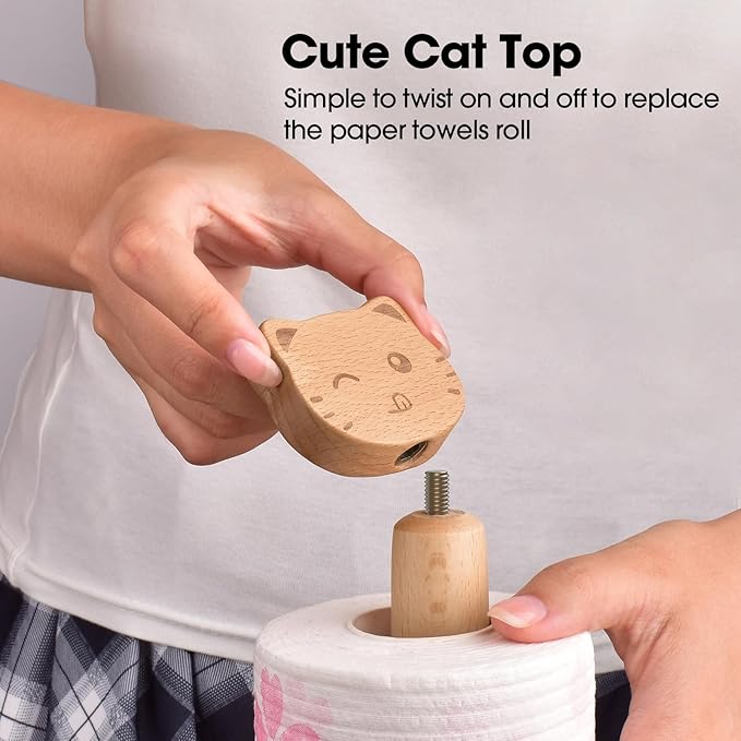 KitchLife Cute Wooden Paper Towel Holder Countertop - Solid Freestanding Paper Towel Dispenser Stand Organizer with Anti-Skid Base (Cat)