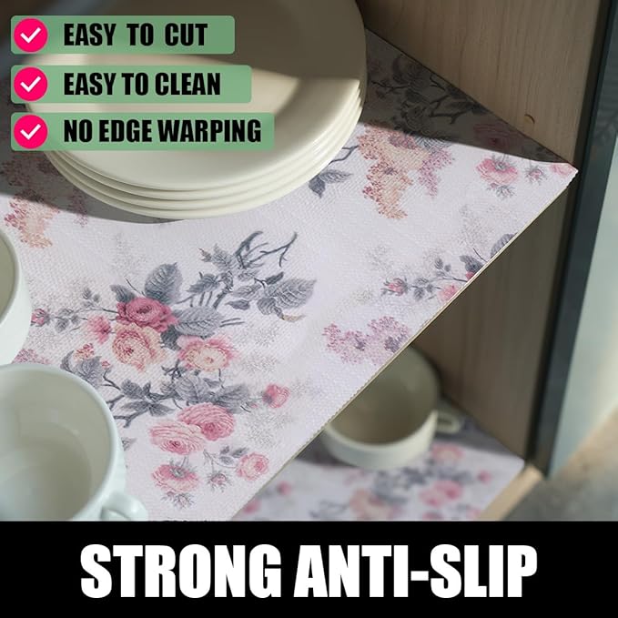 Amiitay Drawer and Shelf Liner for Cabinets, 12IN x 20FT Non-Adhesive and Strong Non-Slip Vintage Floral Shelf Cabinet Drawer Liners for Kitchen,Table,Bookshelves,Waterproof Cupboard Liners