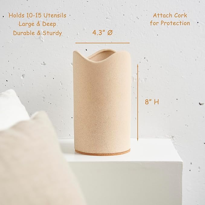 Ceramic Utensil Holder for Kitchen Counter - Spatula Holder - Countertop Crock for Holding Utensils with Cork Bottom