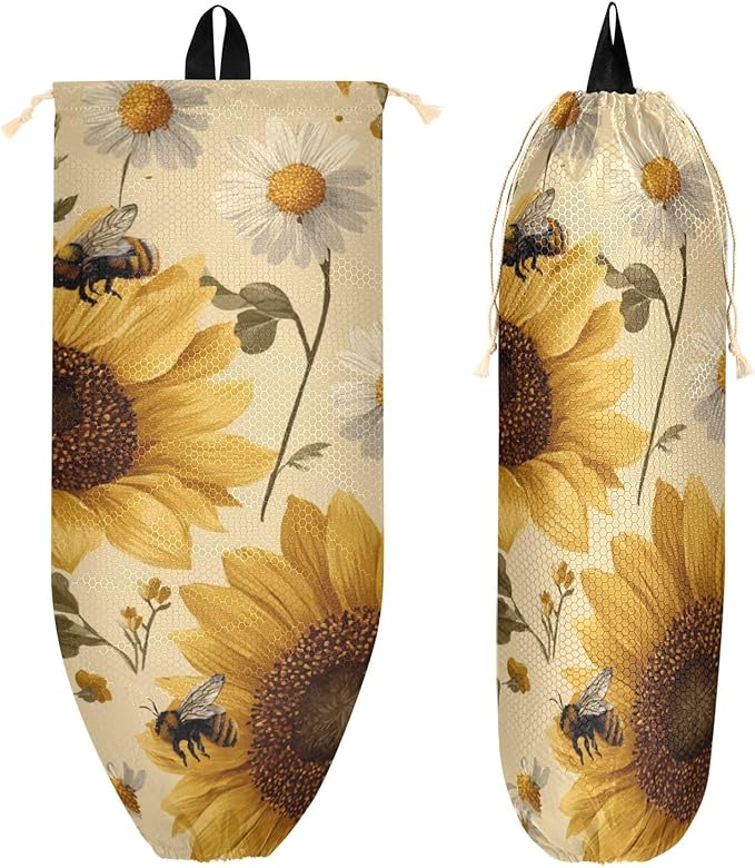 Plastic Bag Holder Wall Mount Grocery Bag Shopping Bag Storage Holder Organizer Dispenser with Adhesive Hook,for Kitchen Bathroom Home Decor 9x22 Inches Beige Sunflowers and Daisy Bees10