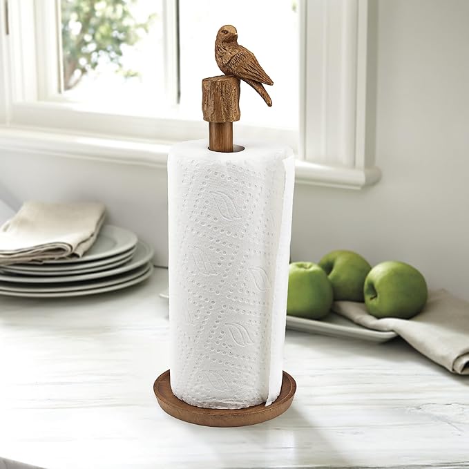 Paper Towel Holder Countertop, Faux Wood Color Paper Towel Stand with Bird Design Top