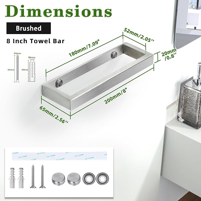 Alise Bath Towel Bar,Wall Mount Towel Holder Towel Rack Towel Hanger for Bathroom Lavatory,8 Inch SUS304 Stainless Steel Towel Rail,Brushed Finish