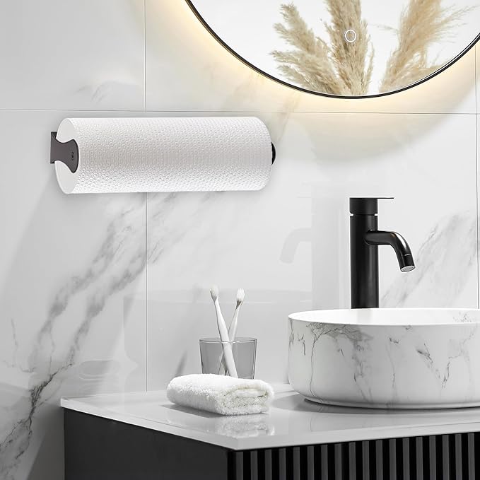 Under Cabinet Paper Towel Holder, Stainless Steel Paper Towel Holder – Wall Mount or Under Cabinet Mount Paper Roll Holder for Kitchen & Bathroom (Black)