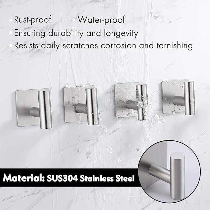 kesink Adhesive Towel Hook 4 Pack, Bathroom Wall Hooks, Sticky Coat Hooks for Hanging, Closet, Robe Hook SUS304 Stainless Steel Brushed, BTH7204-2-P4