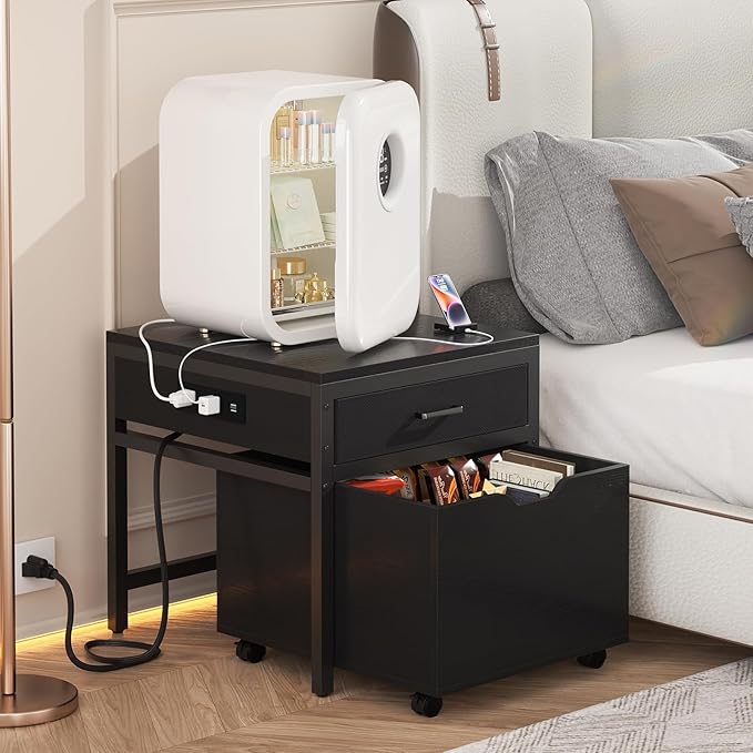 Unikito Mini Fridge Stand with Drawer Storage and Power Outlet, Heavy Duty Mobile Mini Fridge Shelf with Lockable Wheels, Beverage Refrigerator Table Stand, 22.8" L x 21.6" W, Max Load 300 LBS, Black
