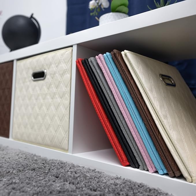 FH Group JIAessentials 11" Faux Leather Foldable Storage Cube Bins Set of 2 – Red Diamond Patterned Organizers with Handles for Closet & Shelves