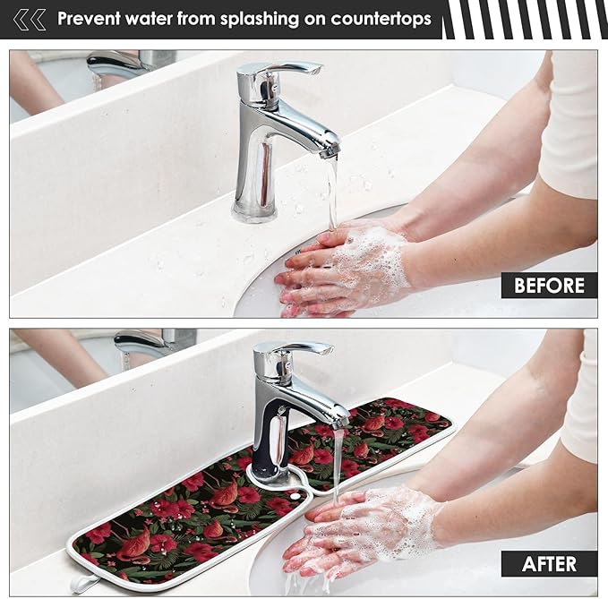 2 PCS Kitchen Sink Splash Guard 30 Inch Faucet Mat for Kitchen Sink Bathroom Sink Faucet Absorbing Drip Drain Mat Pad Microfiber Soft Washable Black and Pink Flamingo Petals