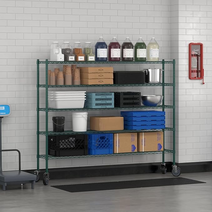Commercial NSF Listed Green Epoxy Mobile Wire Shelving Kit 12" x 72" x 60", with 5 Shelves Perfect for Warehouse, Walk-in Refrigerator, Freezer, Grocery Store, Restaurant, Dishroom