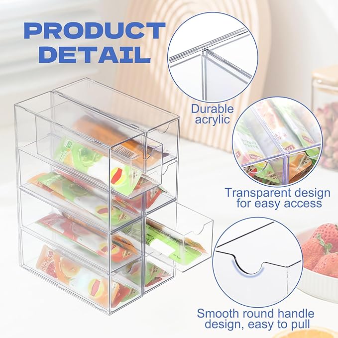8 Drawers Drink Packet Organizer Drink Mix Holder Water Packet Organizer, Stackable Acrylic Water Flavor Packets Container for for Kitchen Countertop Pantry Cabinet