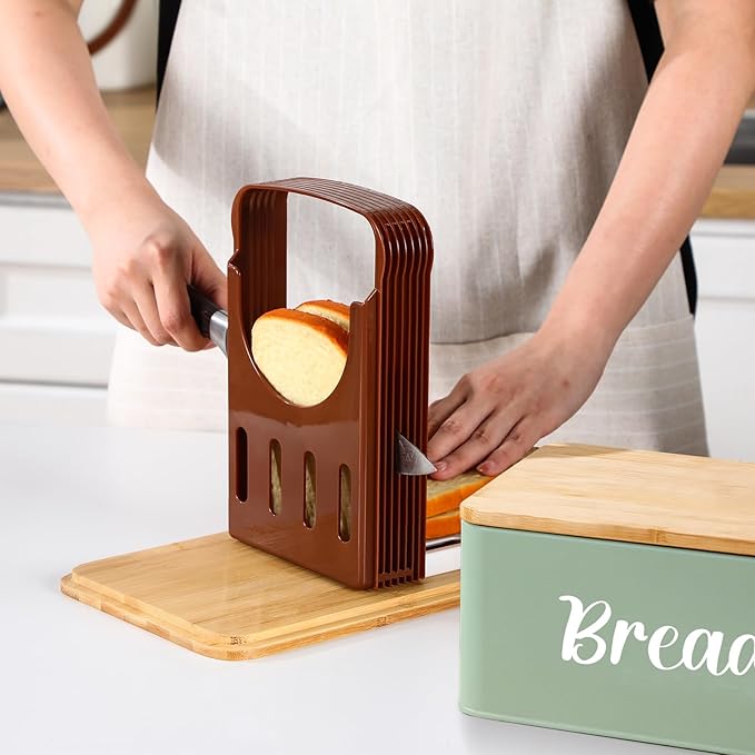 2 Pcs Extra Large Bread Box with Slicer, Metal Farmhouse Bread Storage Container with Bamboo Cutting Board Lids Multi-size Breadbox Set for Kitchen Countertop (Sage Green)