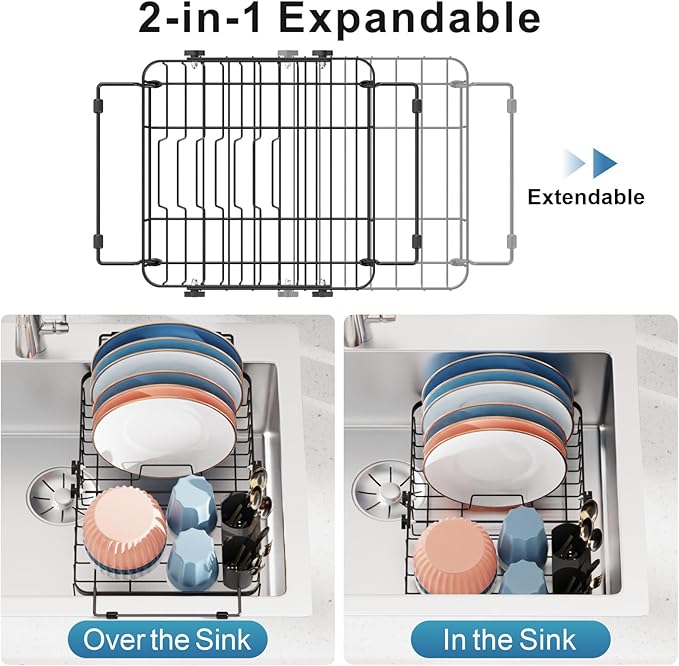 iSPECLE Expandable Dish Drying Rack for Kitchen Sink - Rust Resistant Adjustable Over The Sink Dish Drainer with Secure Locking Knob, 90° Anti-Slip L-Handles, 12.8" W x 12.4"-17.1" L, Black